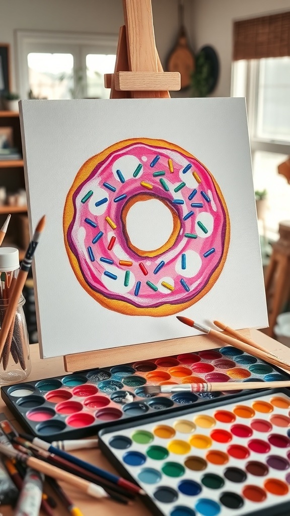A colorful donut painting on canvas with vibrant sprinkles, surrounded by painting supplies.